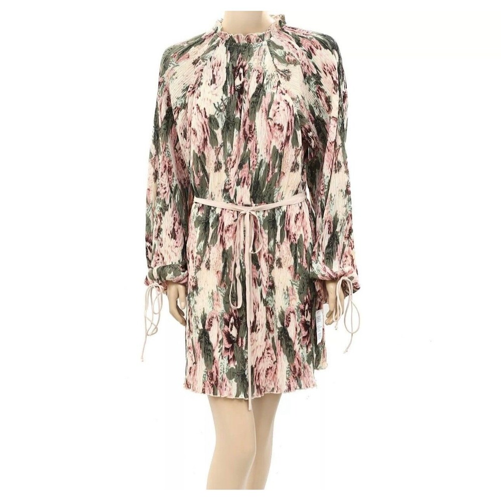ASOS DESIGN Plisse Blouson Sleeve Romantic Floral Print Open Back Mini Dress 8